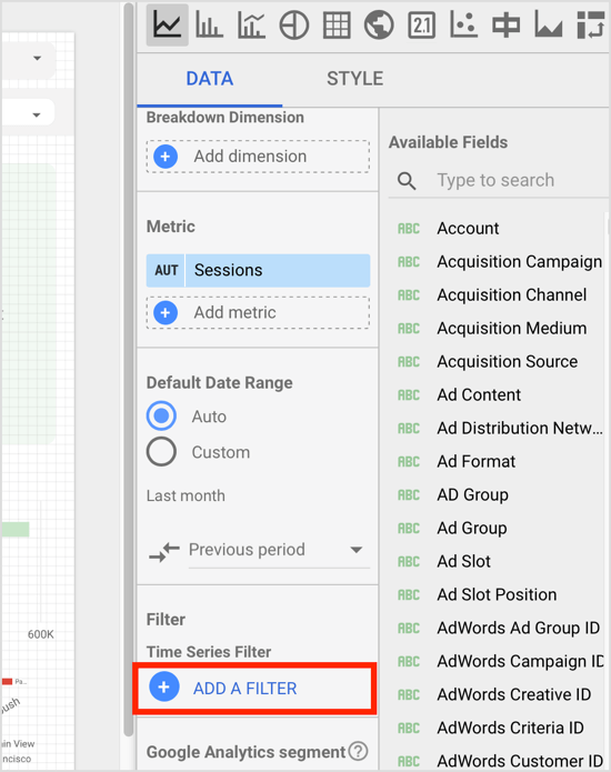 On the component properties panel, click the Add a Filter option on the Data tab.