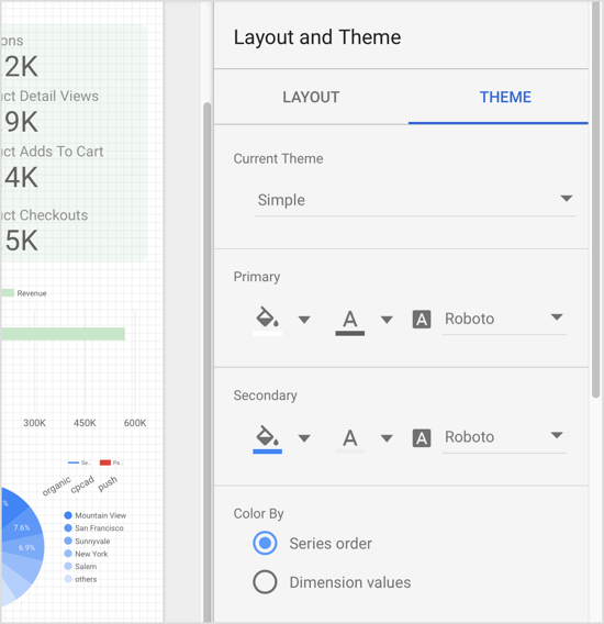 On the Theme tab, choose from different themes (dark/light) and color palettes.