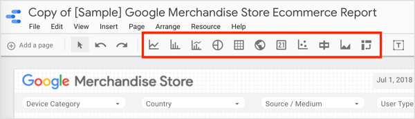 Click one of the buttons on the toolbar to add a chart or table to your Data Studio report.