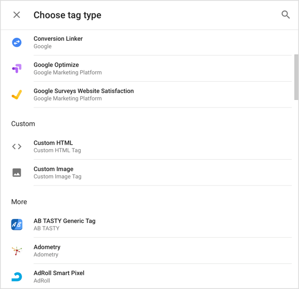 Choose the type of tag you want to add to Google Tag Manager.