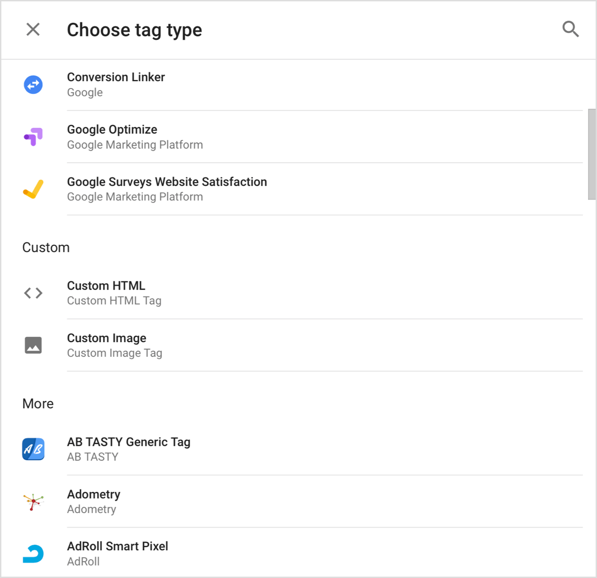 Choose the type of tag you want to add to Google Tag Manager.