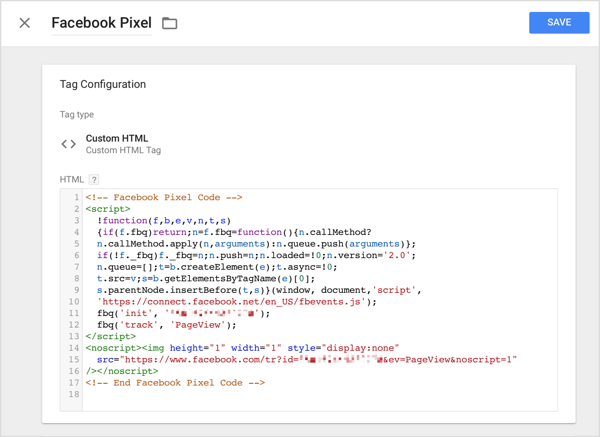 In Google Tag Manager, click the Custom HTML option and paste the tracking code you copied from Facebook into the HTML box.