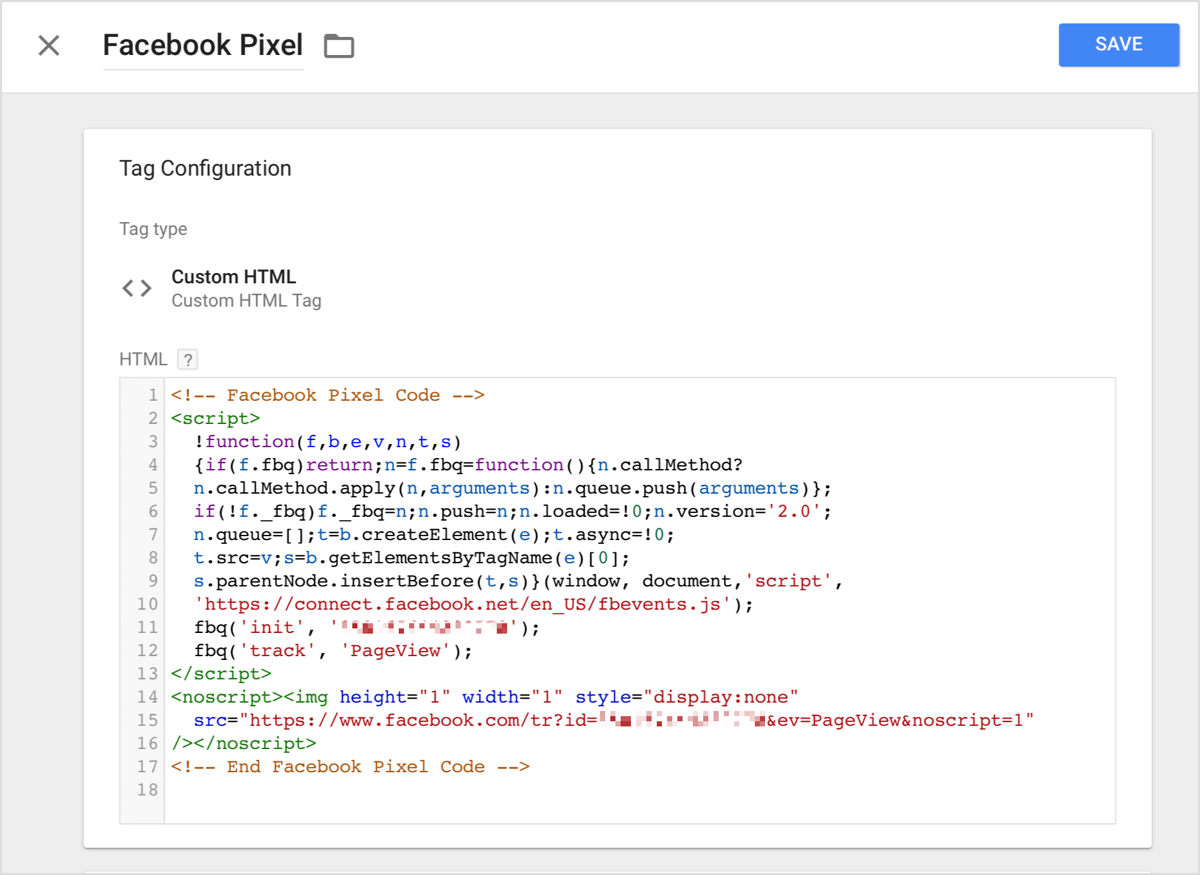In Google Tag Manager, click the Custom HTML option and paste the tracking code you copied from Facebook into the HTML box.