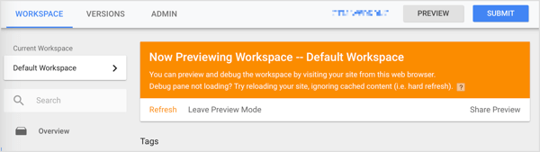After you click Start Preview, an orange bar appears to let you know you're in preview mode.