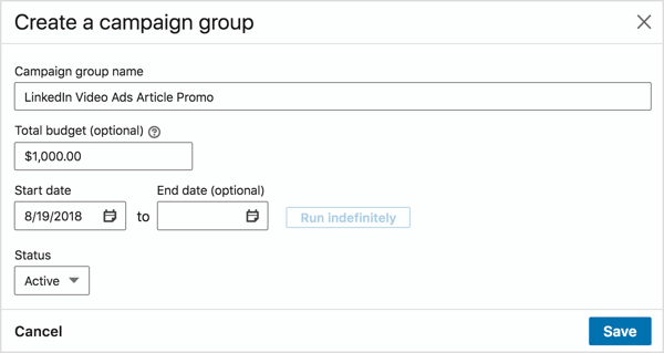 In the Create a Campaign Group pop-up box, add a group name, set a budget, and choose a start date.