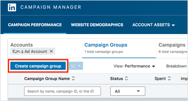 On the Campaign Groups tab of LinkedIn Campaign Manager, click the Create Campaign Group button.