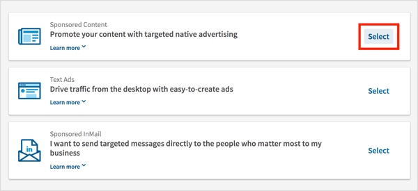 On the Choose an Ad Product page, click the Select link for Sponsored Content.