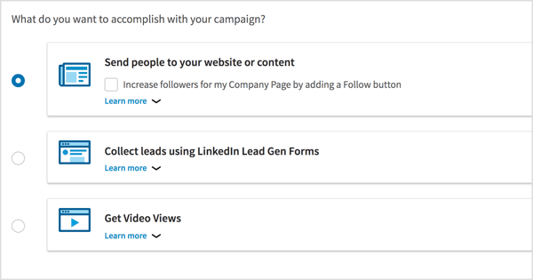 Wählen Sie das Kampagnenziel für Ihre LinkedIn-Videoanzeigenkampagne.