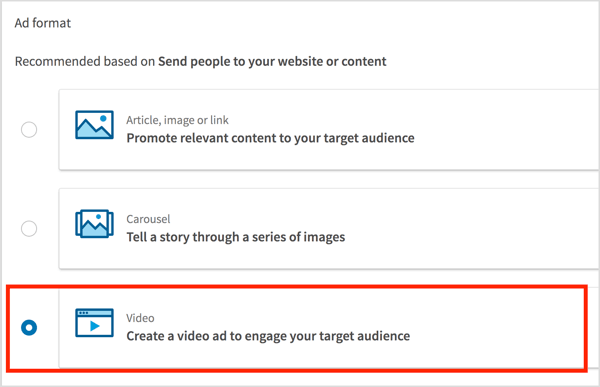 ALTCWählen Sie Video als Anzeigenformat und klicken Sie auf Weiter.
