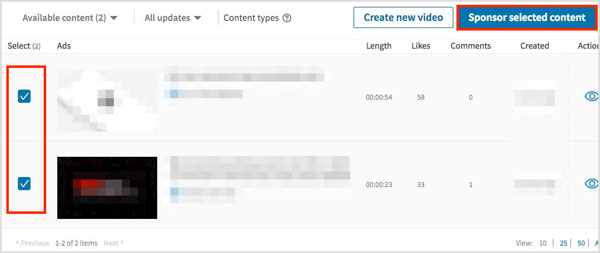 Chọn video bạn muốn quảng cáo trong chiến dịch LinkedIn của mình và nhấp vào Tài trợ Nội dung được chọn.