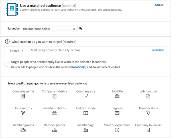 Choose your location, select the Target Members Who Live in This Location checkbox, and play with the LinkedIn targeting criteria.