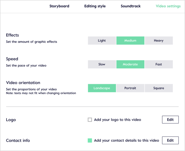 Click the Video Settings tab to fine-tune settings and add your business logo and contact info.