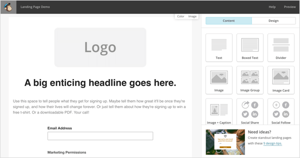 Mailchimp lets you design a freestanding landing page that leads to a content library or a single opt-in.