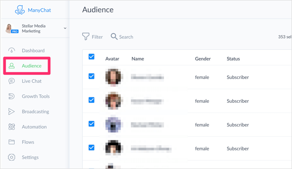 Click the Audience tab in ManyChat to see a list of all of your Messenger bot subscribers.
