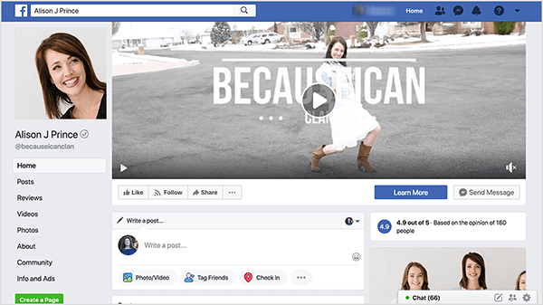This screenshot of the Alison J Prince Facebook page shows a headshot of Alison as the profile picture in the upper left. Below the photo, the text @becauseicanclan appears in gray. The Home tab of her page is selected in the left-hand sidebar. Other options include Posts, Reviews, Videos, Photos, About, Community, and Info and Ads. The cover photo is a video that’s paused on an image of Alison standing in an empty intersection of two asphalt streets. She’s wearing a denim jacket, a white dress, and brown heeled boots. Her knees are bent, and her arms are curled in a pose that suggests both strength and victory. In the lower-right corner, a reviews box shows Alison’s page has a rating of 4.9 of 5 based on the opinion of 160 people. Below this box, an image of Alison standing between her two daughters appears partway above the screen, so only their heads are visible. Mary Kathryn Johnson created a Messenger funnel with a bot on Alison’s Facebook page.