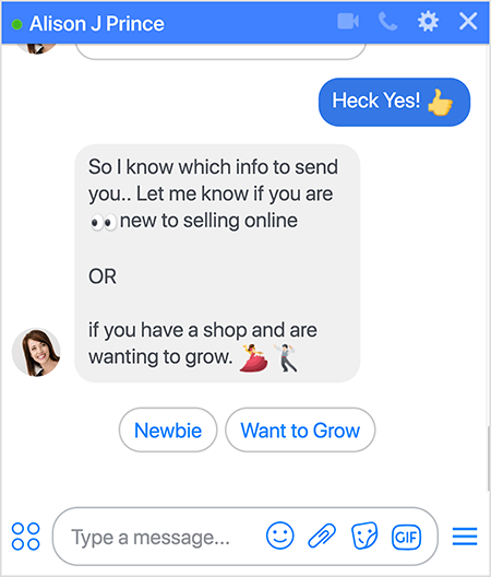 Alison J Prince bot says, “So I know which info to send you..Let me know if you are new to selling online”. A blank line, the word “OR” and another blank line appear. Then the sentence continues with the following text: “if you have a shop and are wanting to grow. ”. After this block of text, the user can click one of two buttons: Newbie or Want to Grow. Mary Kathryn Johnson created these options in the bot to help Alison segment her bot users.