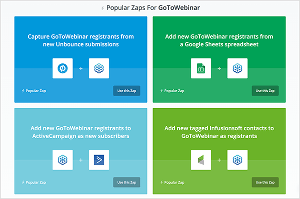 This is a screenshot of a Zapier web page with popular Zaps, also called Zapier integrations, for GoToWebinar. The Zaps are organized into four boxes. The box in the upper left is medium blue and says “Capture GoToWebinar registrants from new Unbounce submissions”. Below the text are a Circle logo with a line through it and a flower logo for GoToWebinar. The box in the upper right is medium green and says “Add new GoToWebinar registrants from a Google Sheets spreadsheet”. Below the text are icons for Google Sheets and GoToWebinar. The box in the lower left is light blue and says “Add new GoToWebinar registrants to ActiveCampaign as new subscribers”. Below the text are icons for GoToWebinar and an angle bracket-shaped icon in a blue square. In the lower right is a light green box with the text “Add new tagged Infusionsoft contacts to GoToWebinar as registrants” and logos for each service. In the bottom left of each colored box is the text “Popular Zap”. In the bottom right of each colored box is a button labeled “Use this Zap”. Mary Kathryn Johnson explains how she used Zapier to create a Messenger bot funnel for Alison J Prince.