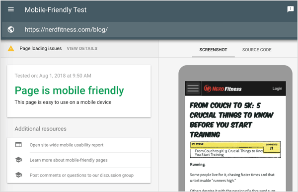 Your test results include a screenshot of the page on mobile and a list of usability issues for mobile devices such as small fonts, Flash usage, clickable elements that are too close together.