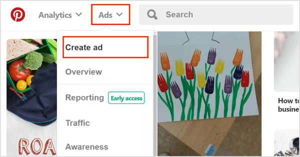 To create a Pinterest search ad, click Ads and select Create Ad.