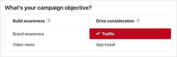 Select the objective for your Pinterest ad campaign.