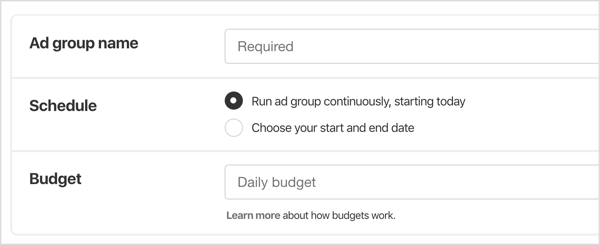 Name the ad group, select a schedule for it, and set a daily budget.