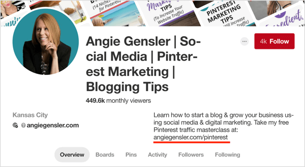 Add the URL to your opt-in to your Pinterest profile description to help grow your email list.