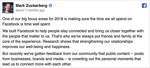 Mark Zuckerberg wrote a Facebook post about changes to the Facebook algorithm. Mark’s photo appears in the upper left next to his name and a blue checkmark. The opening paragraphs of his update appear underneath his Facebook profile photo and name. Ralph Burns thinks changes to the algorithm have improved Facebook.