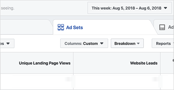 On the Ads Sets tab, the columns are set to Custom, and the report shows results for the week of August 5. The columns Unique Landing Page Views and Website Leads appear in the Ad Set report. Ralph Burns says for a lead magnet campaign, you want at least 50 conversion per ad set each week.