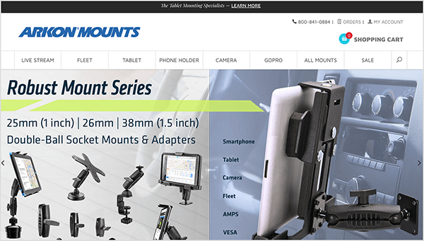 This is a screenshot of the Arkon Mounts website. The company name appears in dark blue text in the upper left. Below the name is a navigation bar with the following options: Live Stream, Fleet, Tablet, Phone Holder, Camera, GoPro, All Mounts, Sale, and a search icon. Below the navigation bar are two photos placed side by side. On the left is a photo that composites images of several mounts. The text at the top of the photo says “Robust Mount Series, 25mm (1 inch), 26mm, 38mm (1.5 inch), Double-Ball Socket Mounts & Adapters”. The right-hand photo shows a tablet mounted next to the stereo controls in a car. A column of text on the left lists the following words: Smartphone, Tablet, Camera, Fleet, AMPS, VESA. Todd Bergin recommends mounts from Arkon Mounts for Instagram Live video.