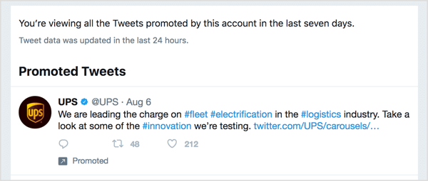 UPS's single promoted tweet focuses instead on how they're leading innovation in the industry.