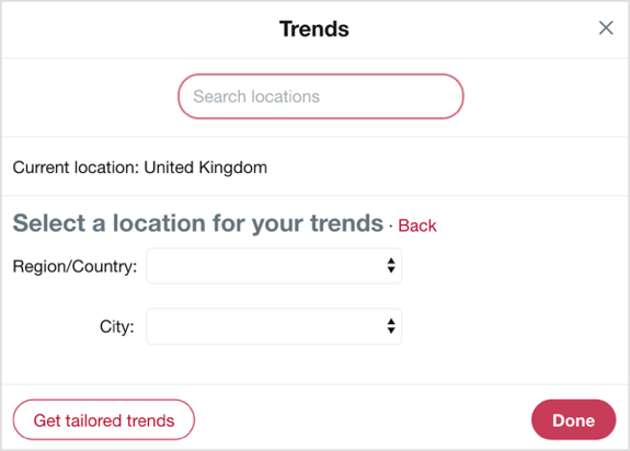 Wählen Sie das Land und die Stadt aus, auf die Sie sich mit Twitter-Trends konzentrieren möchten.