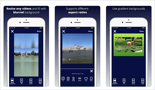 Video Resizer for IGTV & More lets you resize horizontal or square video for Instagram TV. The preview images from the iTunes store highlight the app’s features. The first example shows a horizontal video of a rowboat on a lake with trees along the shore. Above the video is a blurred background that resembles the sky in the video. Below the video is a grayish green blurred background that matches the color of the lake. The second example shows a vertical video of a domed building on the shore of a river. The video was shot from a boat on the water. The vertical video has been resized to fit a square format, so a blurred background appears on each side of the video. The third example is a flamingo standing on green grass. The video has a bright green background that illustrates the app’s ability to apply gradient backgrounds to videos.