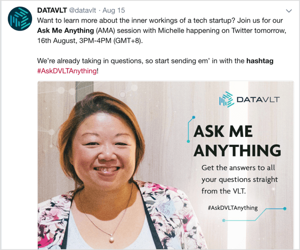 Twitter tweet sharing details about AMA and custom hashtag.