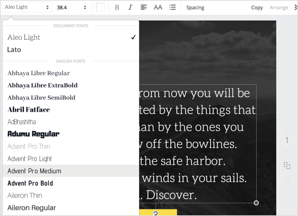 Click the font pop-up menu at the top of the Canva editor and select a different font. 