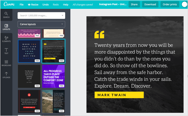 Click the Layouts tab in Canva to see a list of post layouts to choose from.