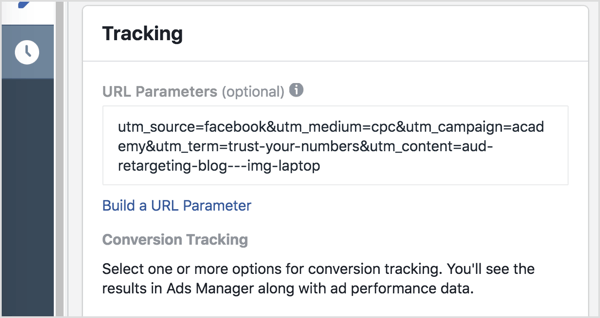 In Ads Manager, add your tracking parameters (everything after the question mark) to the URL Parameters box.