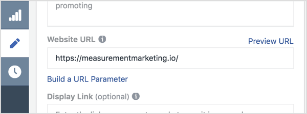 In Ads Manager, type your main link in the Website URL box.