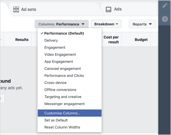 Navigieren Sie zu Ihrem Facebook Ads Manager-Dashboard und wählen Sie im Dropdown-Menü Spalten die Option Spalten anpassen.