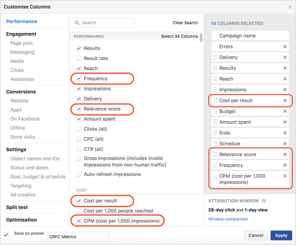 In the Customize Columns window, select the checkboxes to add Relevance Score, Frequency, and CPM.