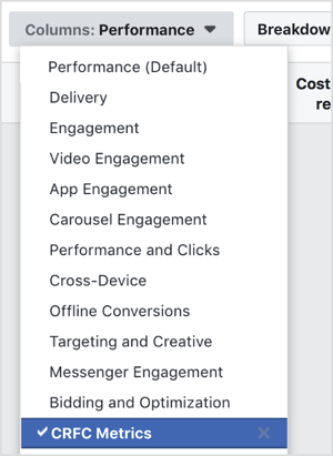 Navigate to the ad level of a campaign that has been running at least 2 weeks and select your custom reporting column.