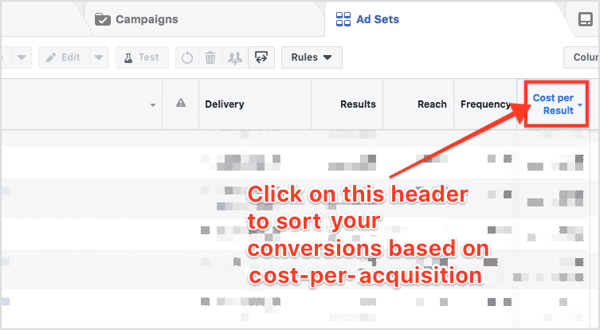Click the Cost per Result column header to sort your Facebook ad sets so you can see customer acquisition costs.