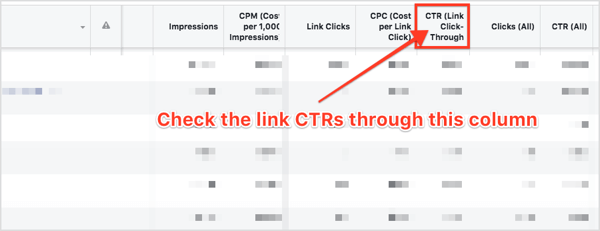 In the Ad Sets section of your dashboard, scroll to the right and find the CTR (Link Click-Through) column.