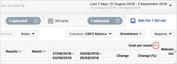 Click on the arrow for a column to see the change (from the first week to the second) in actual numbers for the given metric.