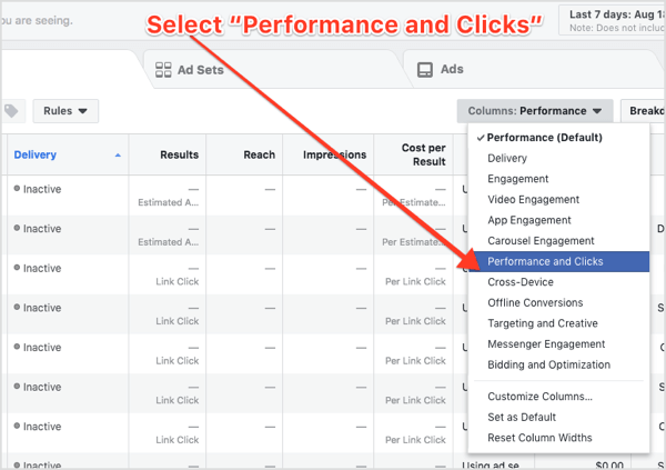 Select Performance and Clicks from the Columns drop-down menu in Facebook Ads Manager.