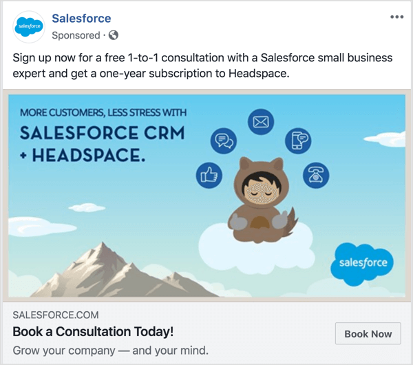 In this Facebook ad, the "Grow your company — and your mind" catchphrase immediately draws readers