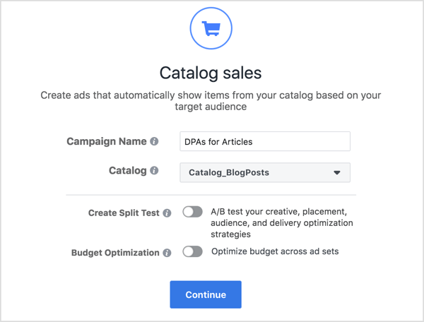 Enter a Facebook campaign name, select your catalog, and click Continue.