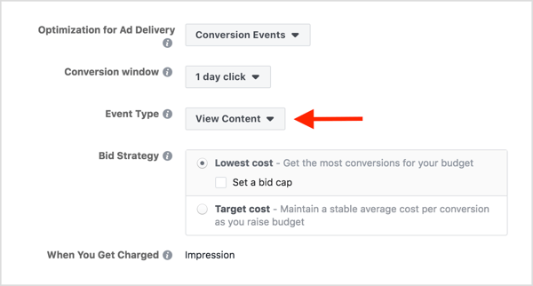 Optimize your Facebook ad set for View Content.