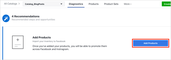 Click the Add Products button to add products to your Facebook catalog.