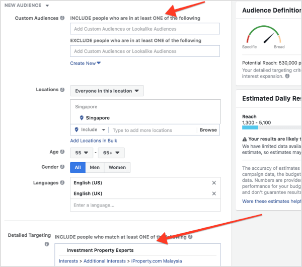 To narrow your audience, select both your lookalike audience and your interest targeting.