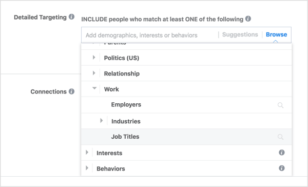 In the Create a Saved Audience window, scroll down to the Detailed Targeting section and begin typing in the job titles you want to target.